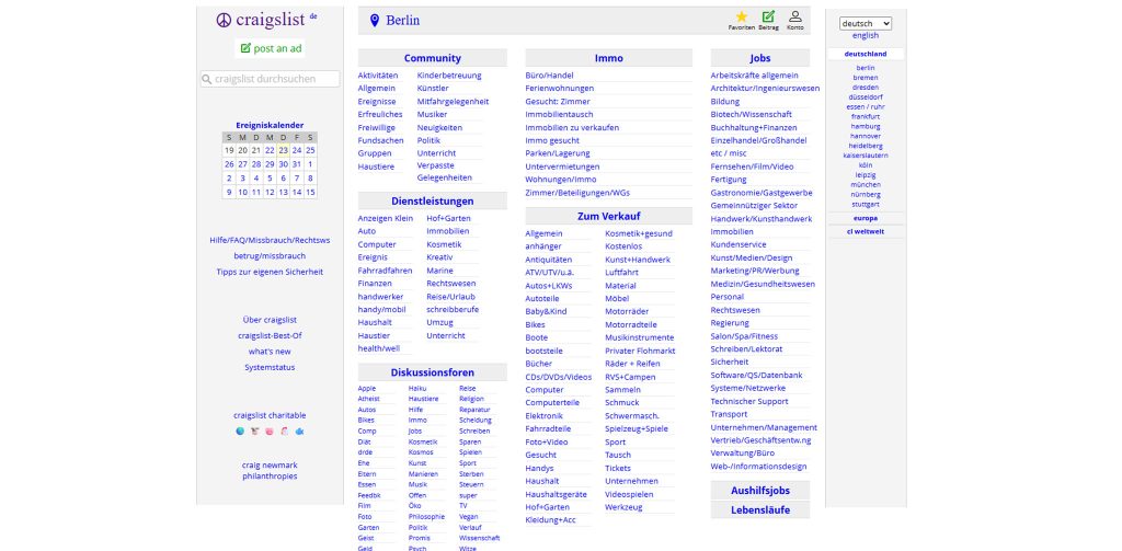 Ein Screenshot der deutschen Startseite von Craigslist für Berlin. Die Seite ist in schlichtem, weißem Design mit blau-lila Akzenten gehalten und zeigt die Kategorien "Community", "Immo" (Immobilien), "Jobs", "Dienstleistungen", "Zum Verkauf" und "Diskussionsforen" in Spalten an. Links sind eine Suchleiste, ein Posten-Button, ein Kalender und Navigationslinks wie "Über craigslist" und "craigslist charitable" zu sehen. Oben rechts sind die Optionen zur Sprachauswahl (deutsch/englisch) und eine Liste mit weiteren deutschen Städten.