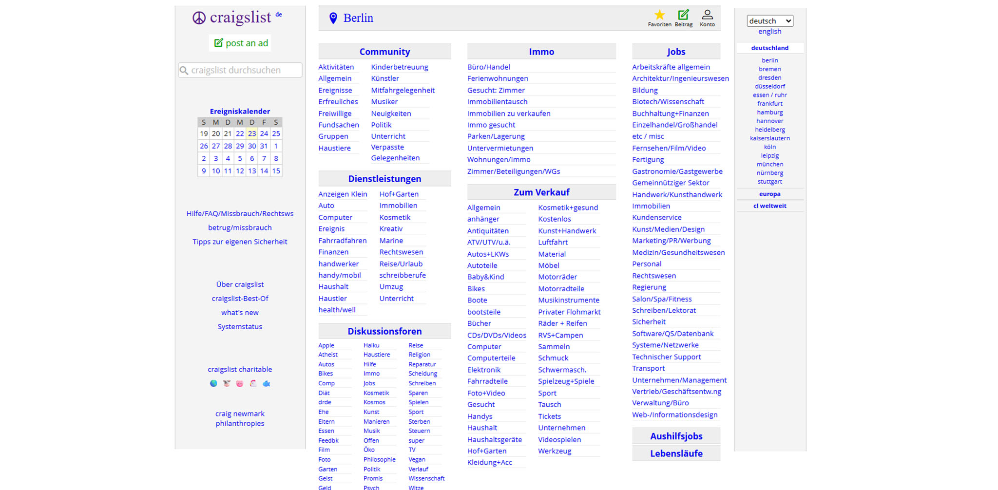 Ein Screenshot der deutschen Startseite von Craigslist für Berlin. Die Seite ist in schlichtem, weißem Design mit blau-lila Akzenten gehalten und zeigt die Kategorien "Community", "Immo" (Immobilien), "Jobs", "Dienstleistungen", "Zum Verkauf" und "Diskussionsforen" in Spalten an. Links sind eine Suchleiste, ein Posten-Button, ein Kalender und Navigationslinks wie "Über craigslist" und "craigslist charitable" zu sehen. Oben rechts sind die Optionen zur Sprachauswahl (deutsch/englisch) und eine Liste mit weiteren deutschen Städten.