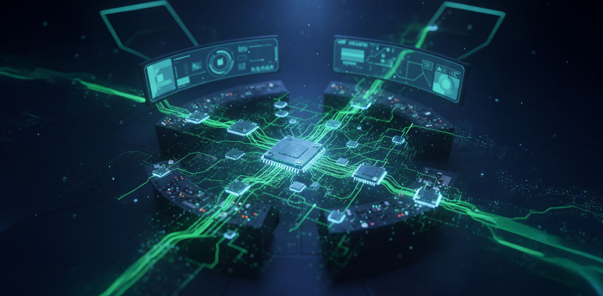 Computerchips mit grünen Lichtleitern und Bildschirmen auf dunklem Hintergrund.