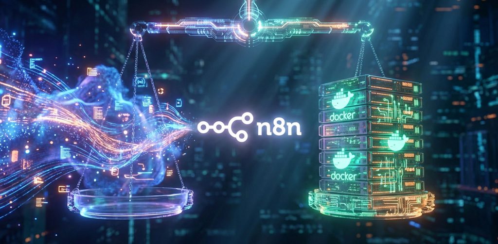 Digitalwaage mit n8n-Logo. Links: Datenströme in Schale. Rechts: Docker-Serverstapel. Neonfarben, futuristischer Stil.