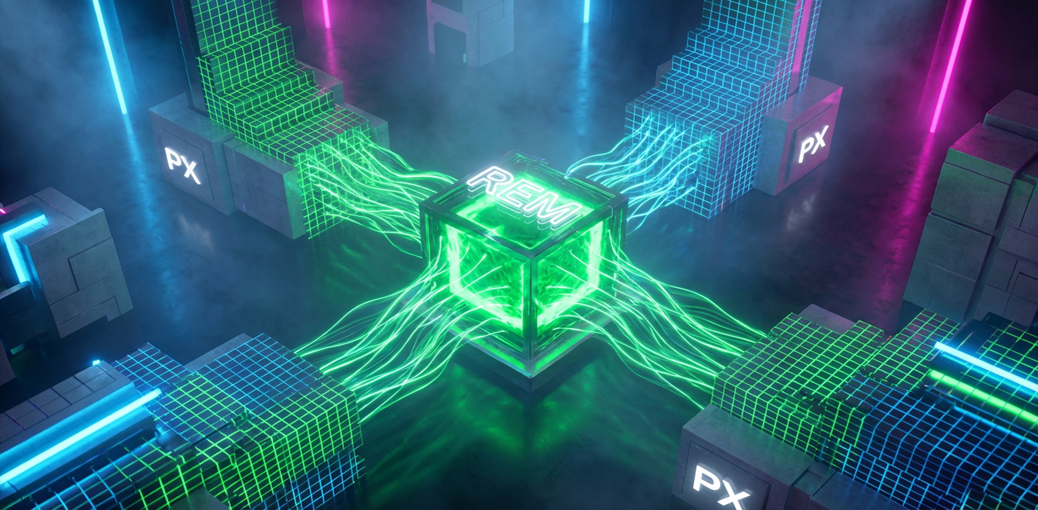 Grüne und blaue Lichtströme fließen von PX-Blöcken und Gitterstrukturen zu einem leuchtenden REM-Würfel in dunklem Nebel.
