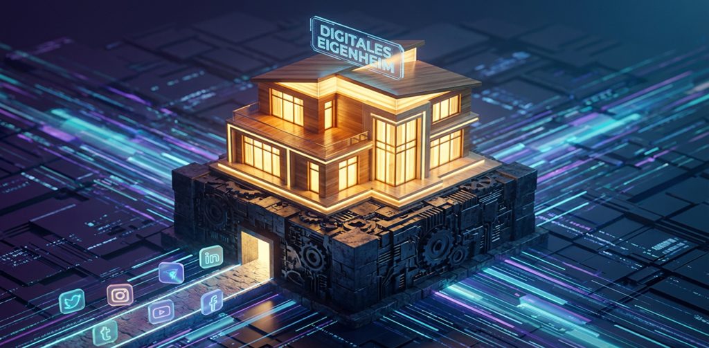 Ein modernes, beleuchtetes Holzhaus sitzt auf einem dunklen, mechanischen Sockel mit Zahnrädern. Der Hintergrund ist eine digitale Landschaft aus blauen und violetten Lichtstreifen. Am unteren Rand sind Symbole für soziale Medien wie Facebook, Instagram und LinkedIn zu sehen.