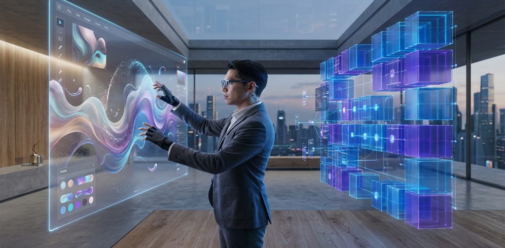 Ein Mann im Anzug mit Datenbrille und Handschuhen interagiert mit einem großen, holografischen Bildschirm in einem modernen Büro. Neben ihm schweben leuchtende, blau-violette Datenwürfel. Im Hintergrund ist eine Skyline bei Dämmerung zu sehen.