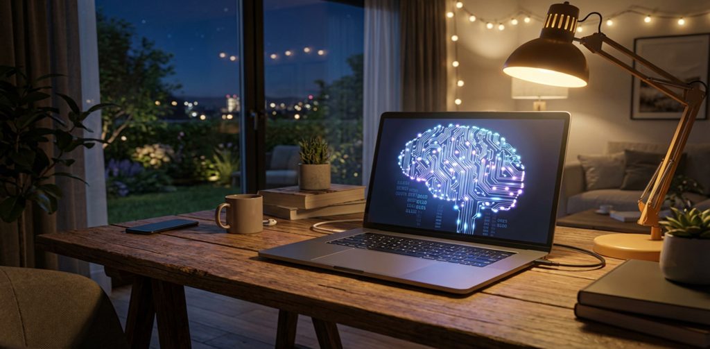 Laptop auf Holztisch bei Nacht zeigt leuchtende Gehirn-Grafik. Gemütliches Zimmer mit Schreibtischlampe und Gartenblick.