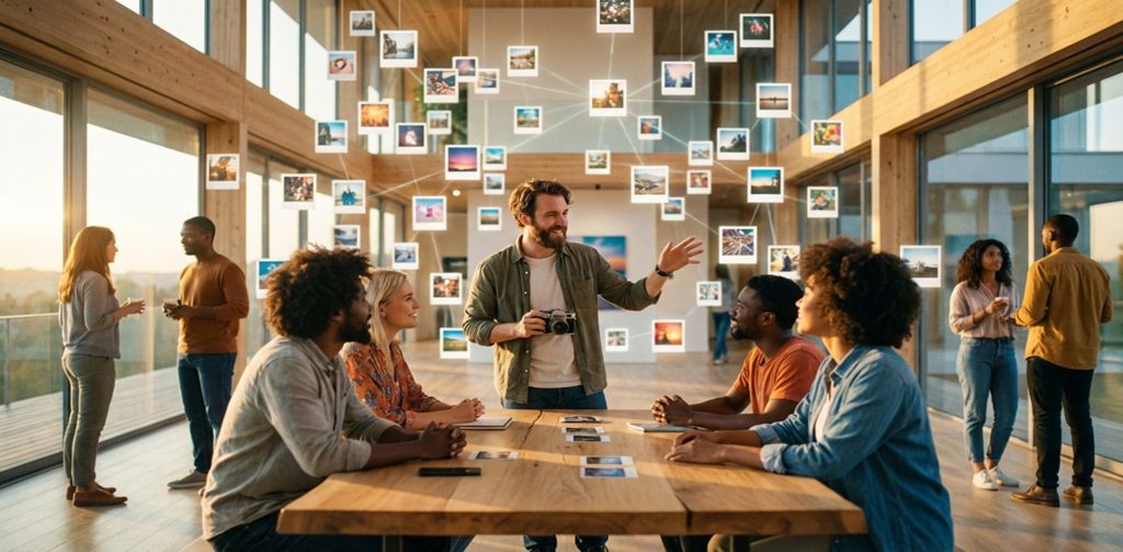 Ein Mann präsentiert lächelnd mit einer Kamera in der Hand schwebende Fotos in einem hellen Holzraum. Kollegen sitzen am Tisch oder stehen im Hintergrund und unterhalten sich bei warmem Sonnenlicht.