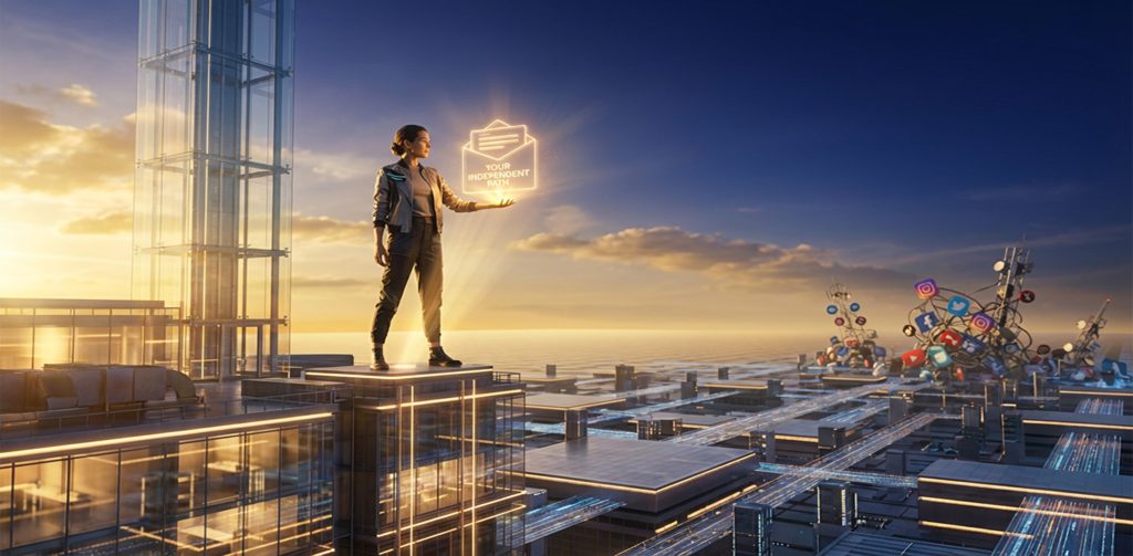 Eine Frau steht auf einem futuristischen Dach und hält ein leuchtendes Hologramm mit der Aufschrift "YOUR INDEPENDENT PATH" in ihrer Hand.