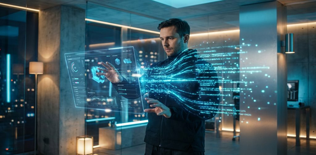 Ein Mann in einem dunklen Oberteil steht in einem modernen Raum und interagiert mit einem leuchtenden, holografischen Interface. Blaue Datenströme und Codezeilen fließen von seinen Händen auf den virtuellen Bildschirm, der Diagramme und 3D-Modelle anzeigt. Im Hintergrund sind eine Glaswand und die Lichter einer Stadt bei Nacht zu sehen.