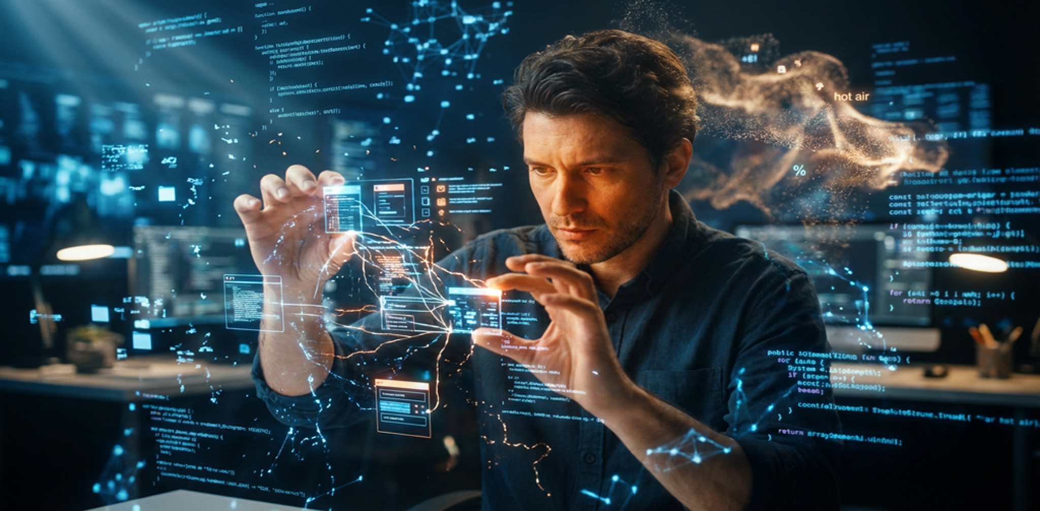 Ein Mann in einem dunklen Hemd interagiert konzentriert mit einer futuristischen, holografischen Benutzeroberfläche. Um ihn herum schweben leuchtende Code-Zeilen, Datenfenster und vernetzte Grafiken in einem dunklen, technologischen Raum.
