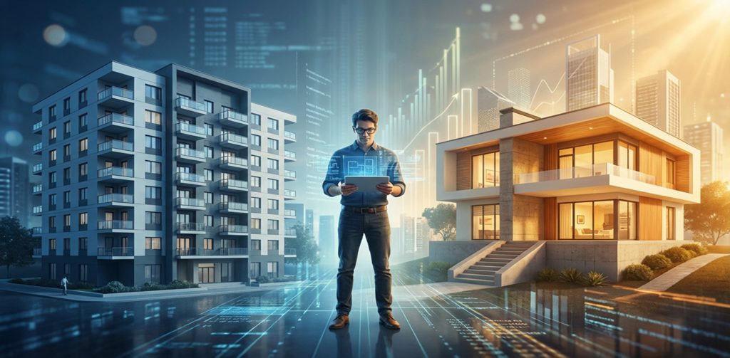 Ein Mann mit Tablet steht zwischen zwei futuristischen Häusern, umgeben von digitalen Daten und Diagrammen, die eine smarte Stadt visualisieren.