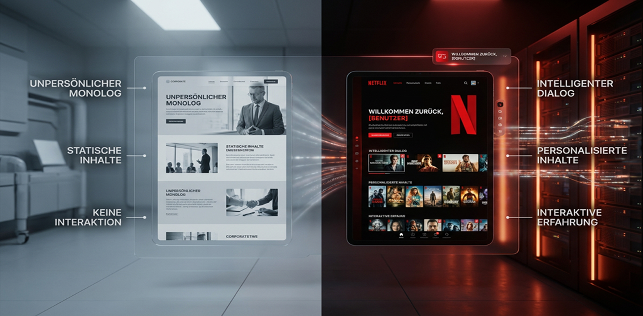 Ein geteiltes Bild zeigt links eine statische, unpersönliche Webseite in einem kühlen, hellen Raum und rechts eine personalisierte, interaktive Streaming-Oberfläche in einem warmen, dunklen Serverraum.