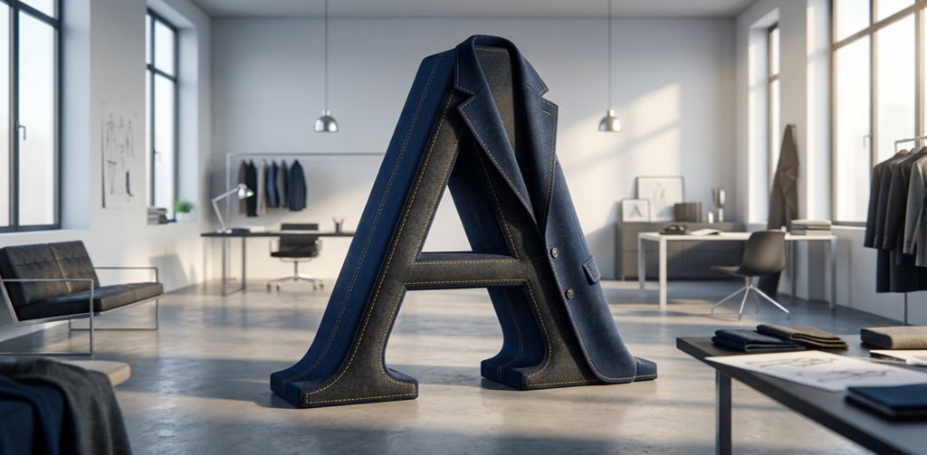 Ein großer, dreidimensionaler Buchstabe "A" aus dunklem Jeansstoff mit gelben Nähten steht in der Mitte eines hellen, modernen Ateliers oder Büros.