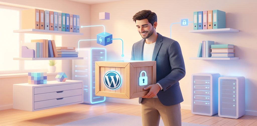 Ein lächelnder Mann im Anzug hält in einem hellen Büro eine Holzkiste mit WordPress-Logo und Vorhängeschloss-Symbol, umgeben von schwebenden Datenblöcken und Servern.
