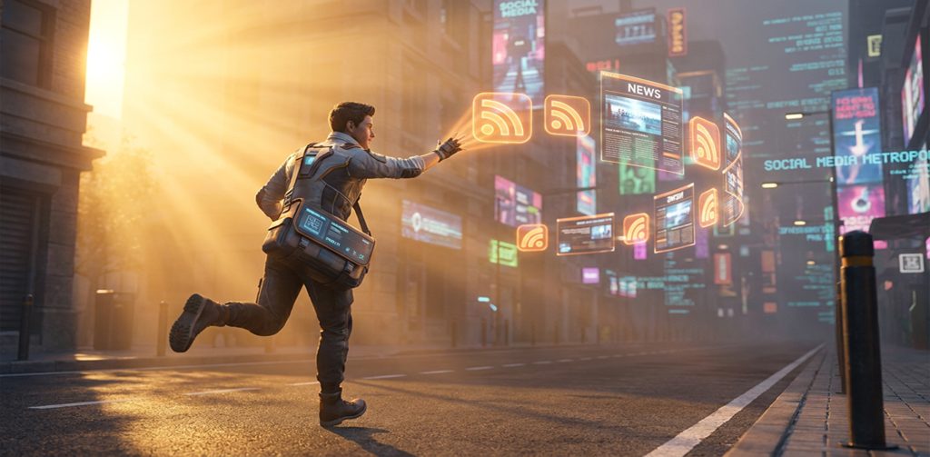 Ein Mann in futuristischer Kleidung rennt durch eine sonnenbeschienene Stadtstraße und interagiert mit schwebenden, orangefarbenen Hologrammen von RSS-Symbolen und News-Bildschirmen.
