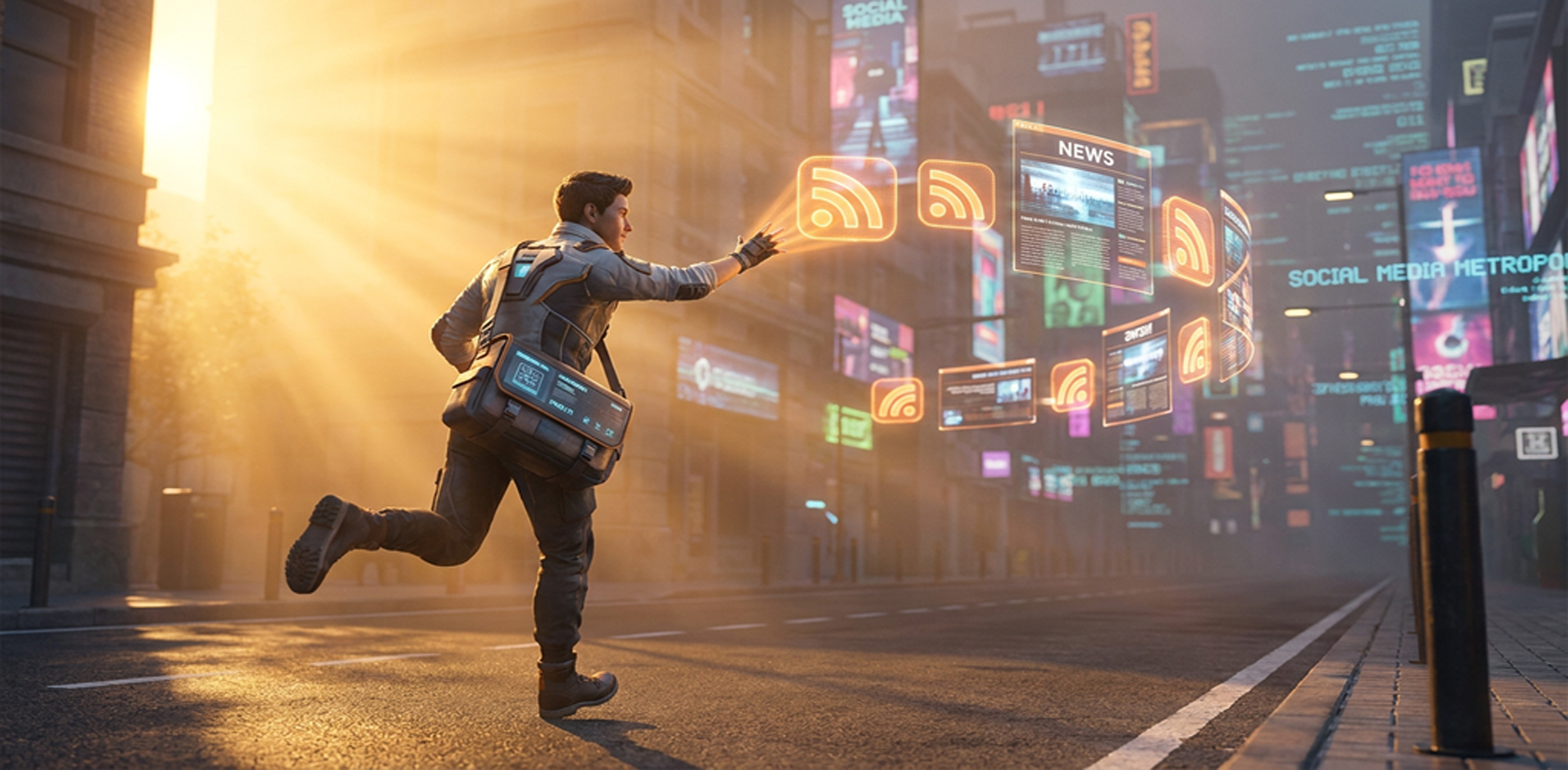 Ein Mann in futuristischer Kleidung rennt durch eine sonnenbeschienene Stadtstraße und interagiert mit schwebenden, orangefarbenen Hologrammen von RSS-Symbolen und News-Bildschirmen.