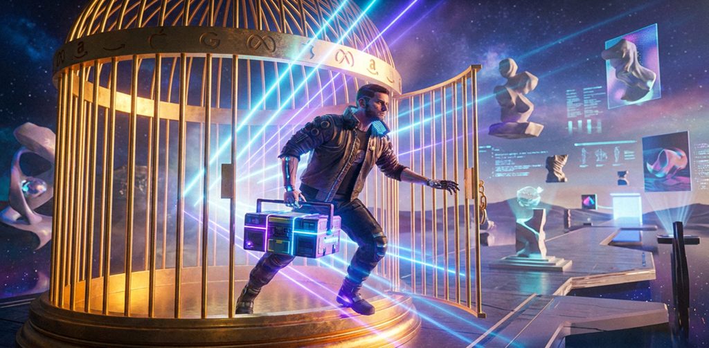 Ein Mann in futuristischer Kleidung läuft mit einem leuchtenden Koffer aus einem goldenen Käfig, umgeben von schwebenden digitalen Artefakten und Neonlichtern im Weltraum.