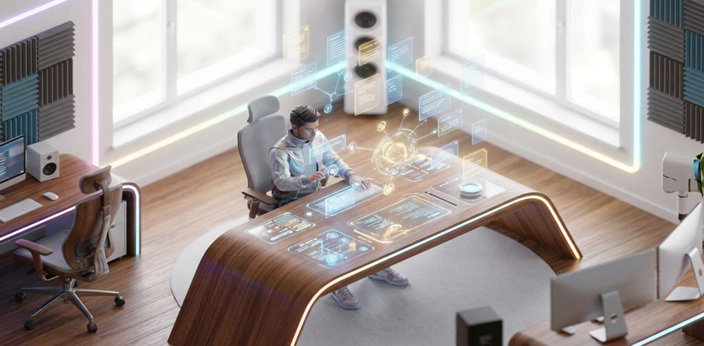 Ein Mann sitzt an einem futuristischen Holzschreibtisch in einem hellen Büro. Er interagiert mit schwebenden, holografischen Interfaces und leuchtenden Datenprojektionen über der Tischplatte.