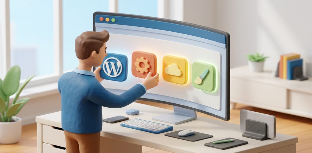 Eine stilisierte 3D-Figur in blauem Hemd steht vor einem großen Monitor und berührt ein leuchtendes WordPress-Symbol. Daneben schweben Symbole für Einstellungen, Cloud und Design in einem hellen, modernen Büro.