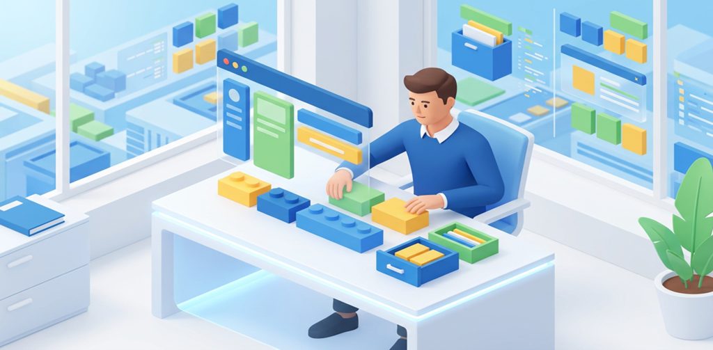 Ein Mann in blauem Pullover sitzt an einem modernen weißen Schreibtisch und arrangiert bunte Bausteine, während um ihn herum schwebende digitale Benutzeroberflächen und Diagramme in einem hellen, futuristischen Büro zu sehen sind.