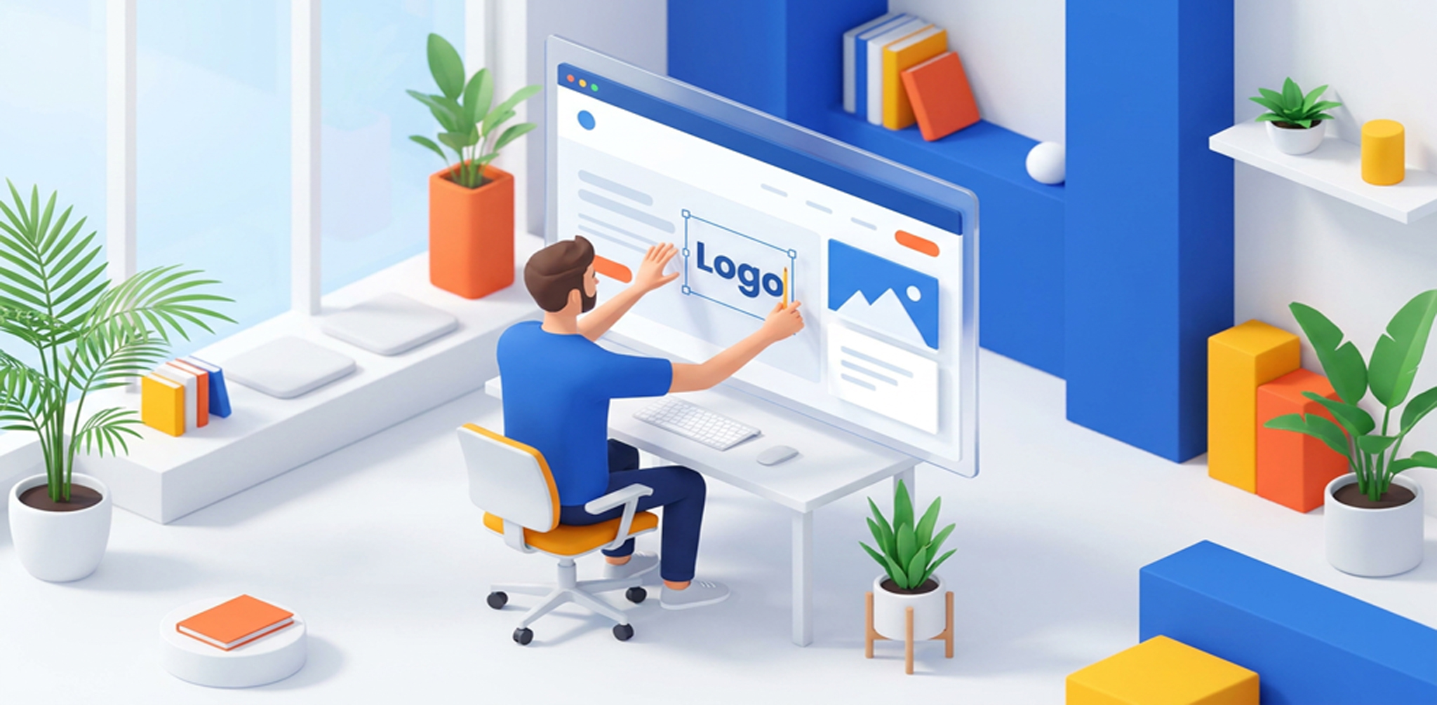 Ein Mann in blauem Hemd sitzt an einem weißen Schreibtisch und gestaltet auf einem großen Bildschirm ein Logo für eine Webseite, umgeben von Pflanzen und Büchern in einem hellen, modernen Büro.