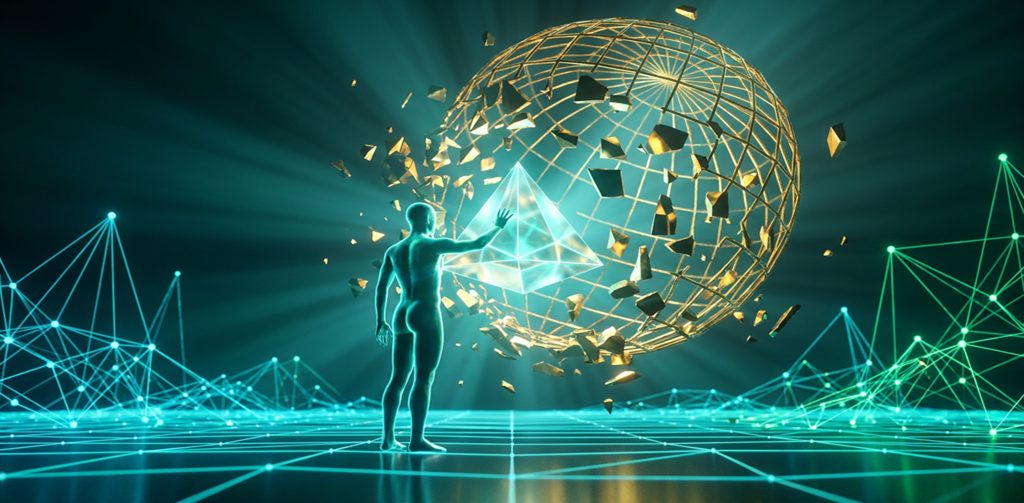 Eine leuchtende, menschliche Silhouette berührt eine transparente Pyramide, wodurch eine goldene Kugelstruktur zerbricht, umgeben von einem digitalen Netzwerk aus blauen und grünen Linien auf einem Gitterboden.