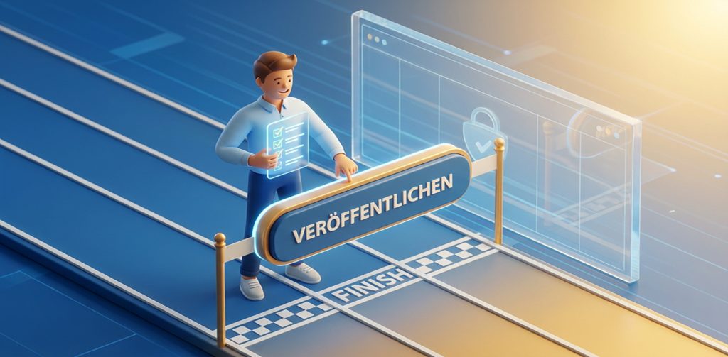 Eine 3D-Illustration zeigt eine Figur auf einer blauen Rennstrecke, die ein Zielschild mit der Aufschrift „VERÖFFENTLICHEN“ überquert. Im Hintergrund sind digitale Elemente wie eine Checkliste und ein transparentes Interface mit einem Schloss-Symbol zu sehen.
