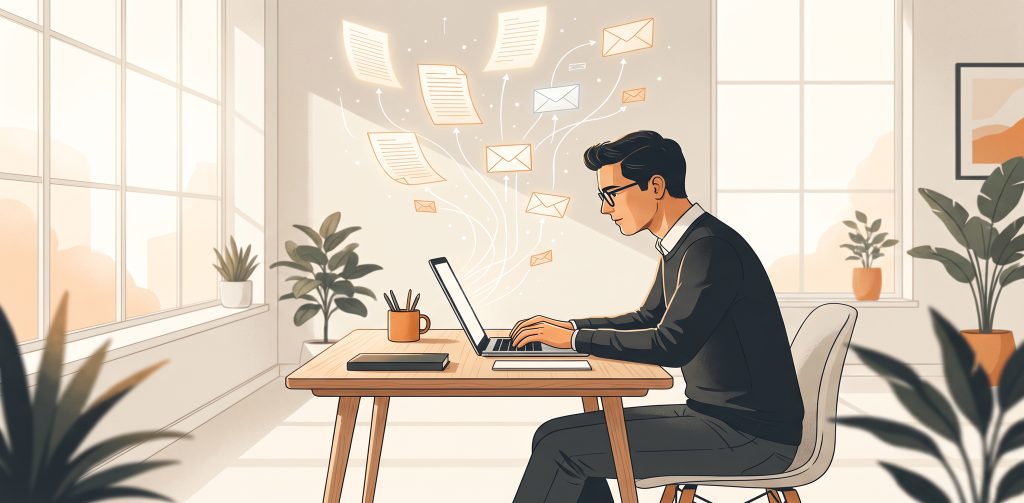Eine Illustration zeigt einen Mann mit Brille, der an einem Holzschreibtisch vor einem Laptop sitzt. Um ihn herum schweben stilisierte Dokumente und Briefumschläge, die digitale Kommunikation symbolisieren. Der helle Raum ist mit großen Fenstern und mehreren Zimmerpflanzen eingerichtet.