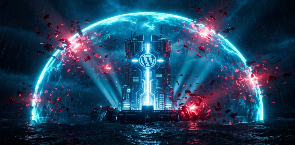 Futuristische WordPress-Struktur in blauem Licht auf stürmischer See, umgeben von einem leuchtenden Schild und roten Explosionen.