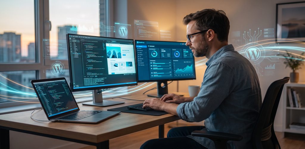 Ein Mann mit Brille arbeitet konzentriert an einem modernen Schreibtisch mit mehreren Bildschirmen und einem Laptop, umgeben von futuristischen, leuchtenden WordPress-Logos und Datenvisualisierungen.