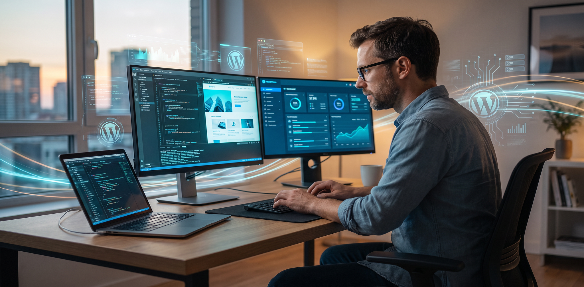 Ein Mann mit Brille arbeitet konzentriert an einem modernen Schreibtisch mit mehreren Bildschirmen und einem Laptop, umgeben von futuristischen, leuchtenden WordPress-Logos und Datenvisualisierungen.