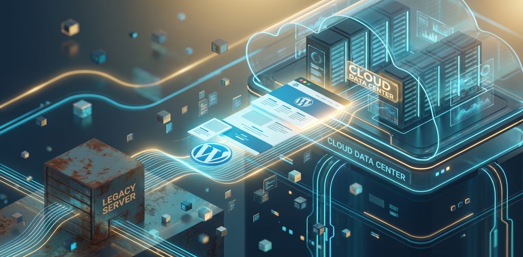 Eine digitale Illustration zeigt den Datenfluss von einem verrosteten Server mit der Aufschrift "LEGACY SERVER" zu einem modernen, leuchtenden "CLOUD DATA CENTER". Dazwischen sind WordPress-Logos und schematische Darstellungen von Webseiten zu sehen, die den Migrationprozess visualisieren.