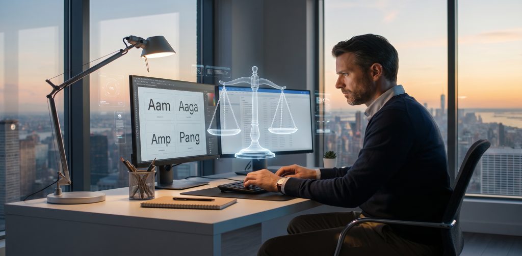 Ein Mann arbeitet in einem modernen Büro an zwei Bildschirmern, auf denen Schriftarten und eine leuchtende Waage als Symbol für Gerechtigkeit oder Abwägung zu sehen sind.