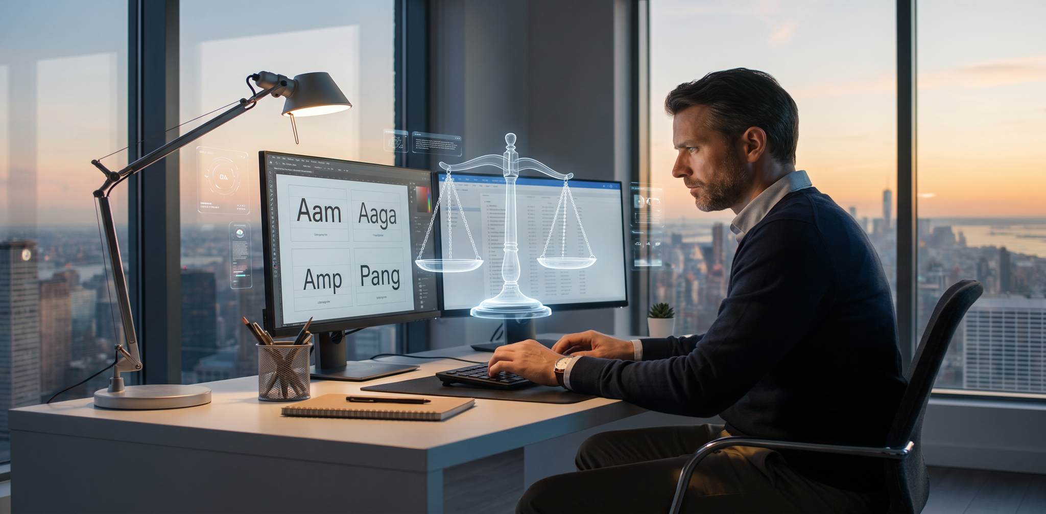 Ein Mann arbeitet in einem modernen Büro an zwei Bildschirmern, auf denen Schriftarten und eine leuchtende Waage als Symbol für Gerechtigkeit oder Abwägung zu sehen sind.