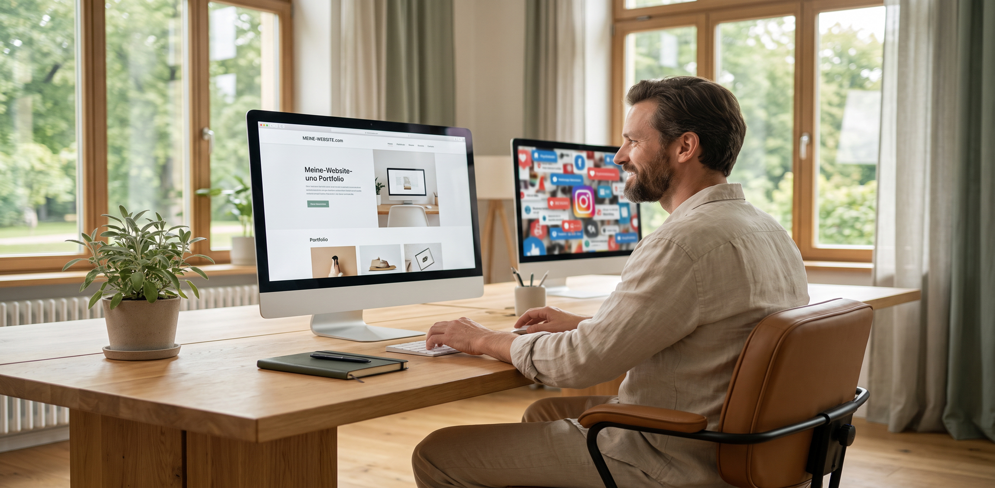 Bärtiger Mann am Holztisch mit zwei Monitoren: Website-Portfolio und Social-Media-Symbole; Pflanze, Notizbuch, helle Fenster.